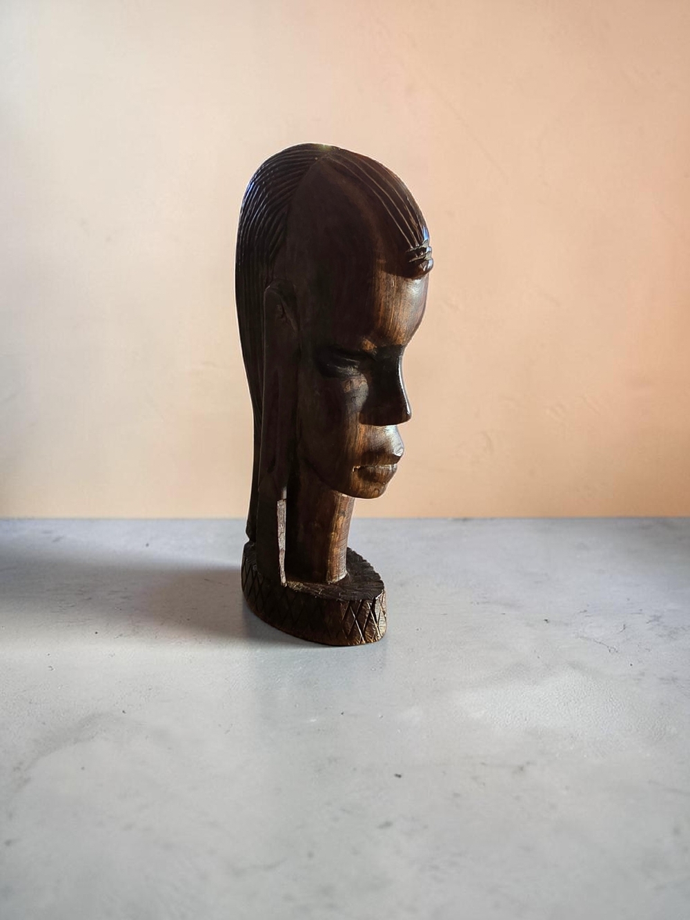 Hand-Carved Wooden Head Sculpture - Brown